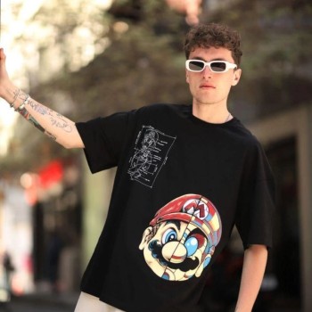 Erkek Mario Baskılı T-Shirt Oversize Kısa kol Bisiklet yaka tişort - Siyah